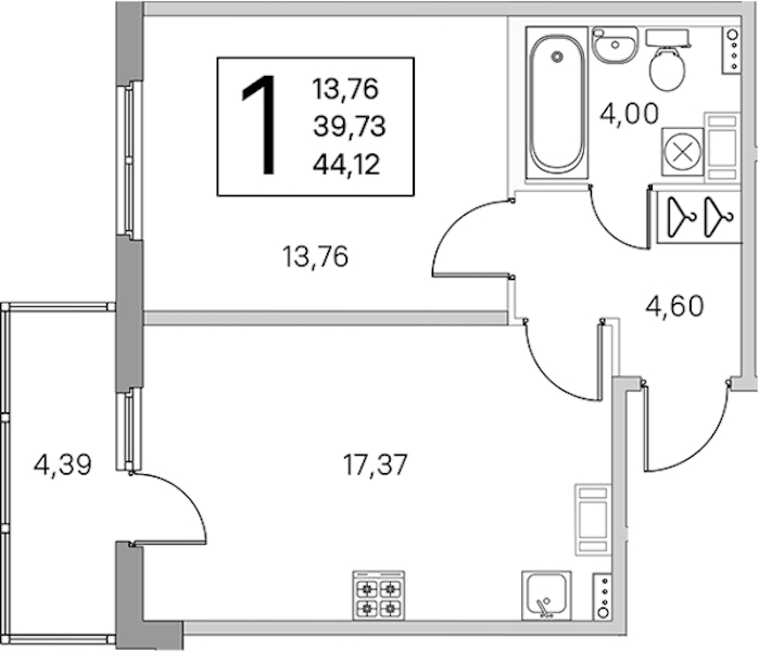 1-комнатная квартира 41.05 м², 3/4 эт., ЖК «Любоград в Стрельне»